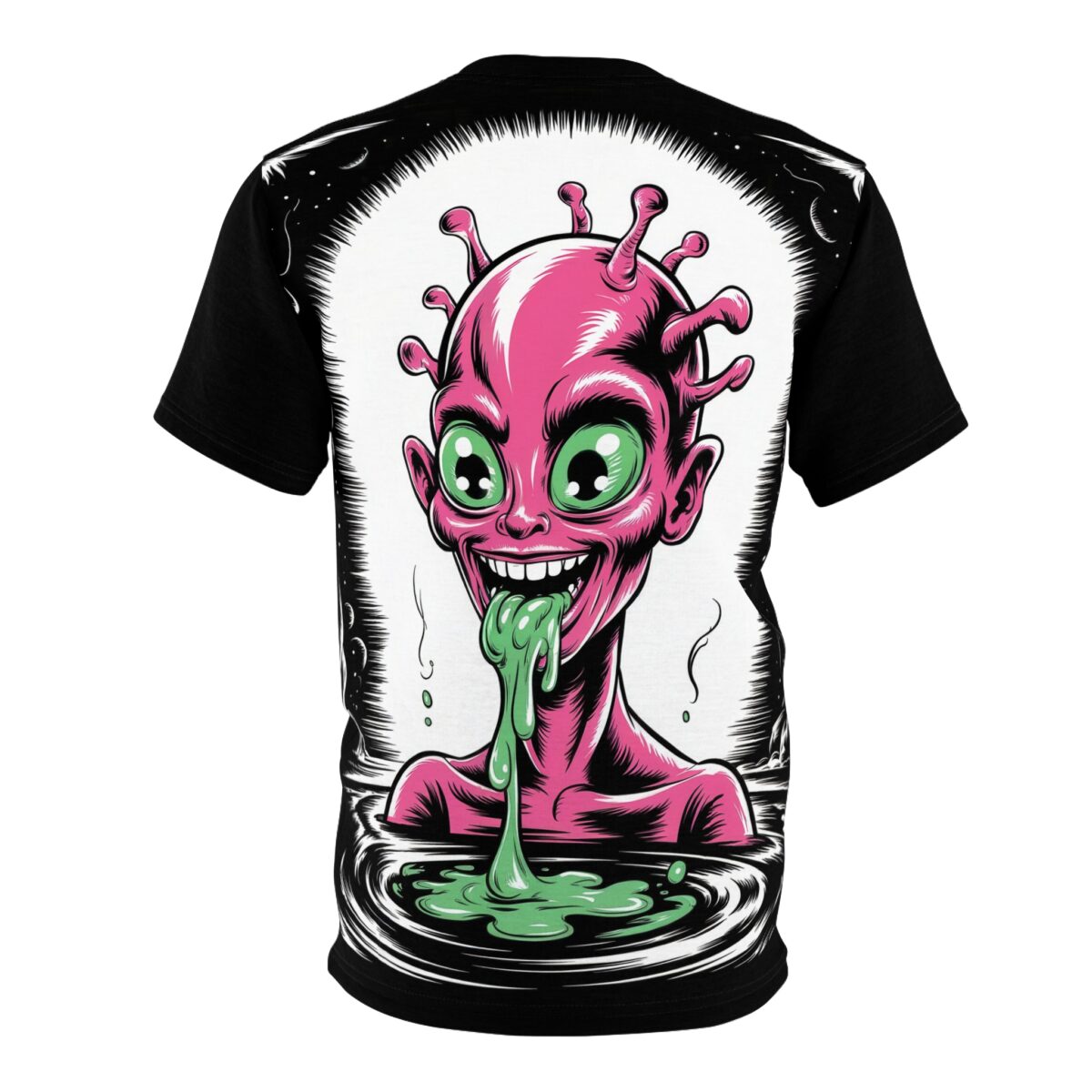 Pink alien with green eyes and tentacles, dripping slime, and a starry cosmic border adorn this tee.