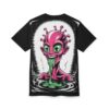 Pink alien with green eyes and dripping slime graphic on a black t-shirt.