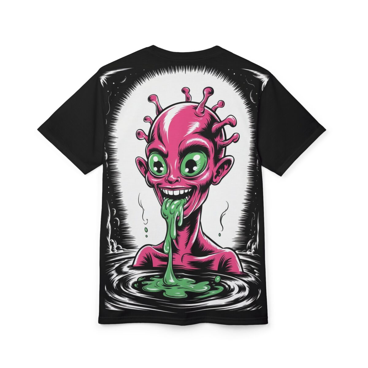 Pink alien with green eyes and dripping slime graphic on a black t-shirt.