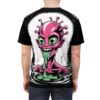 Pink and green alien with bulging eyes and tentacles adorns this all over print tee, set against a black and white starry background.