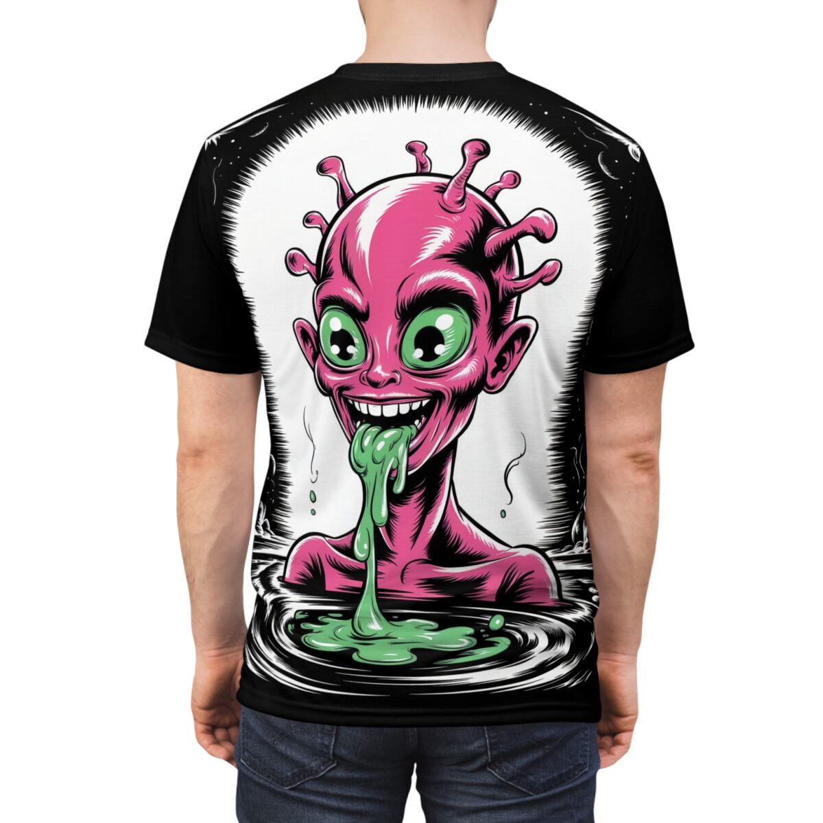 Pink and green alien with bulging eyes and tentacles adorns this all over print tee, set against a black and white starry background.