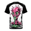 Pink and green alien with tentacles and dripping slime cover this graphic tee, with a black and white starry background.