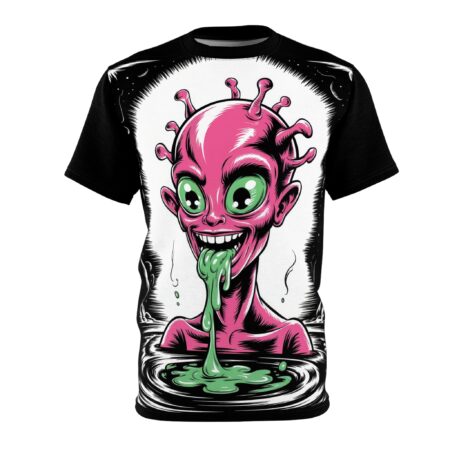 Pink and green alien with tentacles and dripping slime cover this graphic tee, with a black and white starry background.