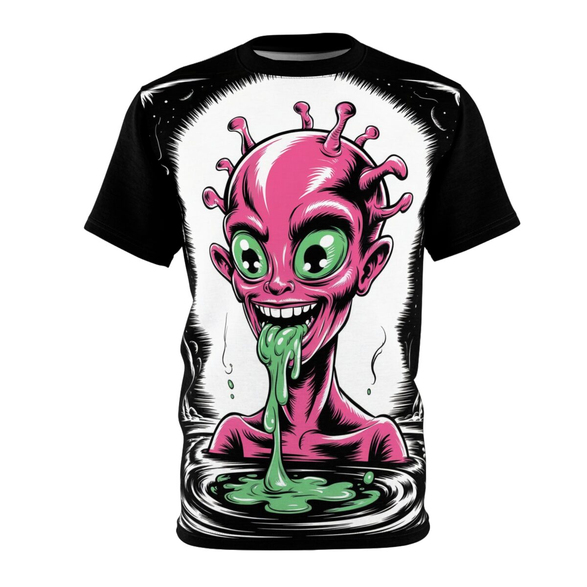 Pink and green alien with tentacles and dripping slime cover this graphic tee, with a black and white starry background.