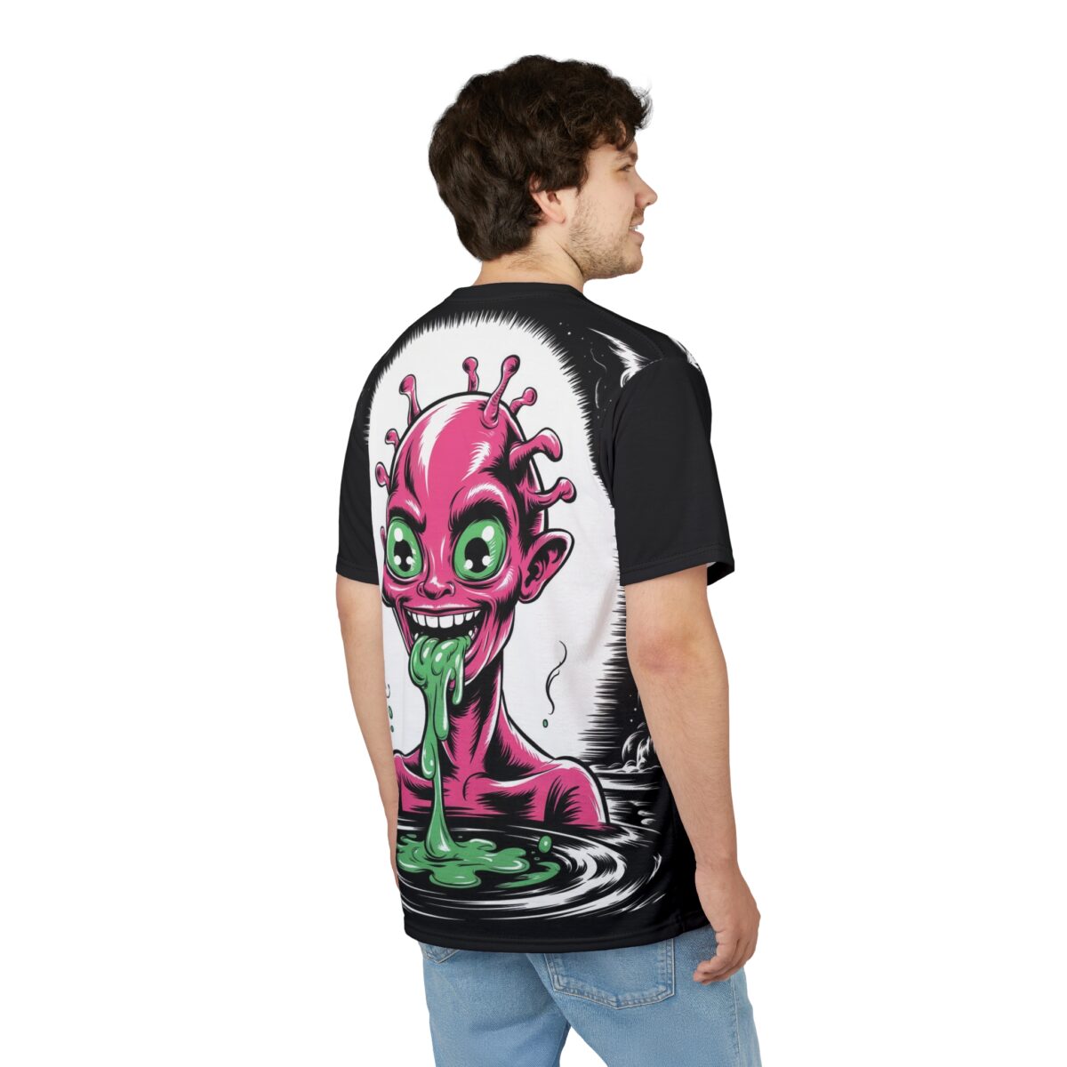 Pink alien with green eyes and slime, graphic print sublimation tee.