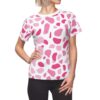 White all over print t-shirt, light pink, hot pink irregular blob pattern, seamless sublimation graphic.