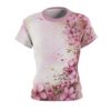 Pink floral all over print sublimation tee, featuring watercolor blossoms and gold accents with a wrap around design.