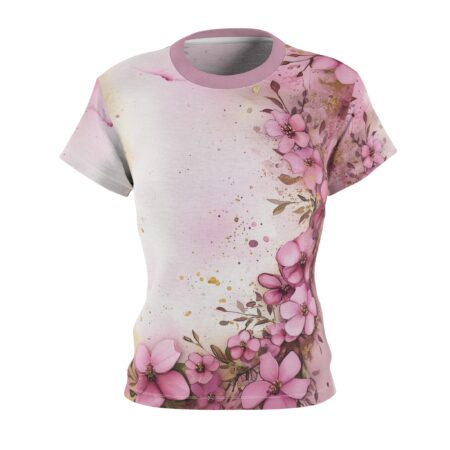 Pink floral all over print sublimation tee, featuring watercolor blossoms and gold accents with a wrap around design.