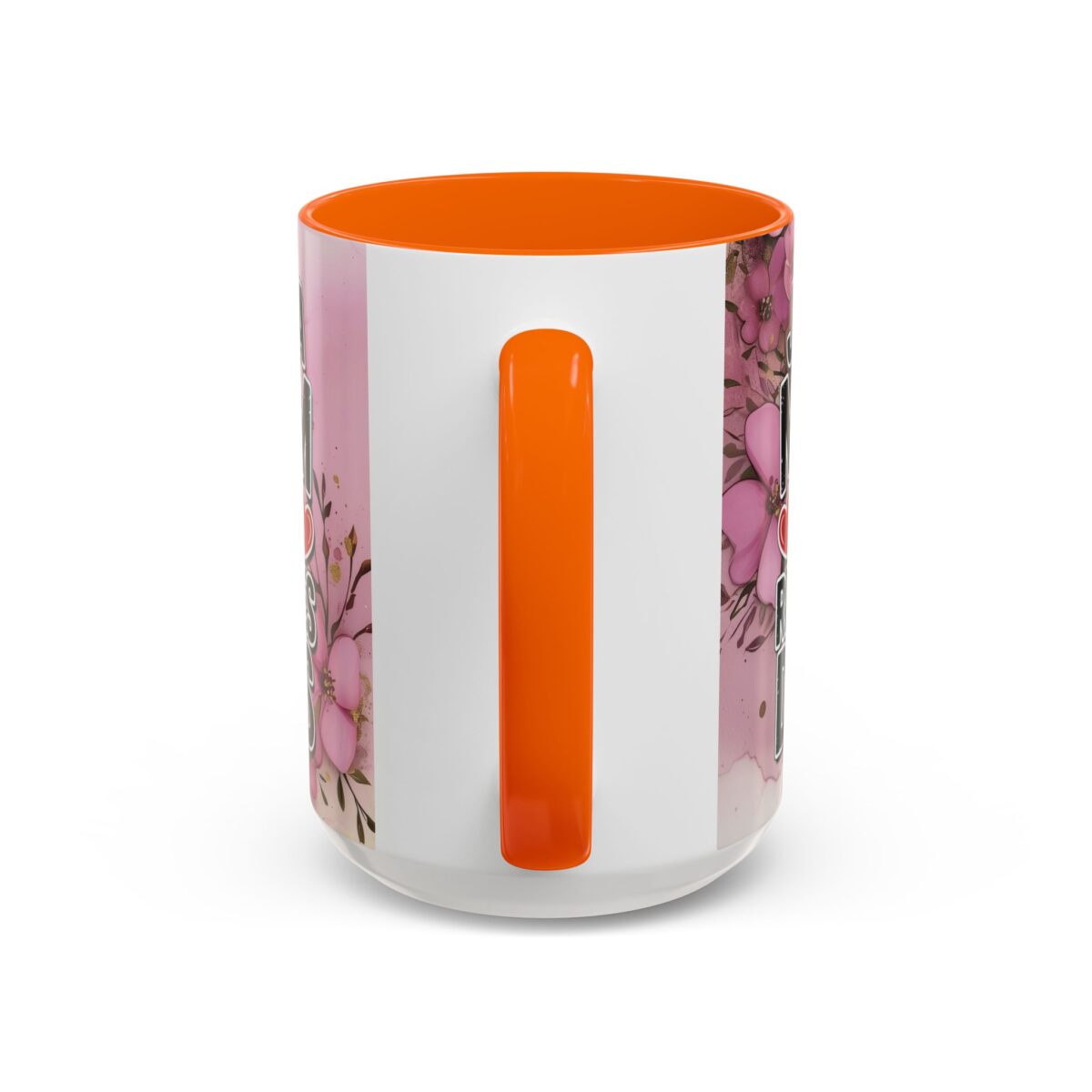 White ceramic coffee mug with vibrant pink floral design and "Best Aunt Ever" text. Features an orange interior and handle.
