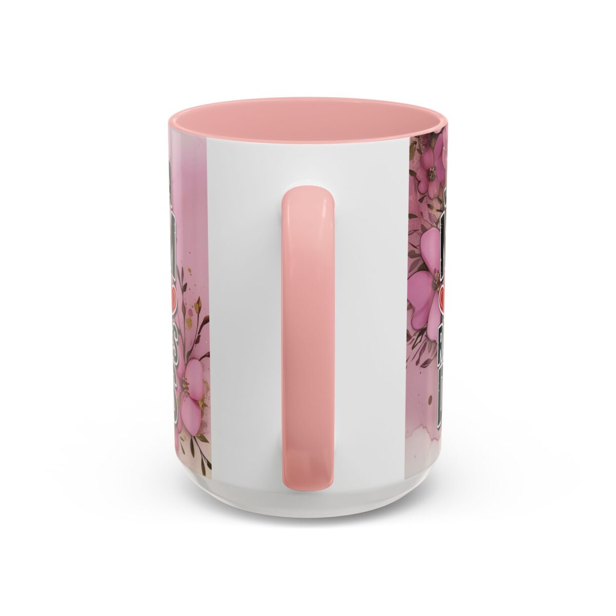 White ceramic mug with pink floral design and "Best Nana Ever" text, featuring a pink handle.