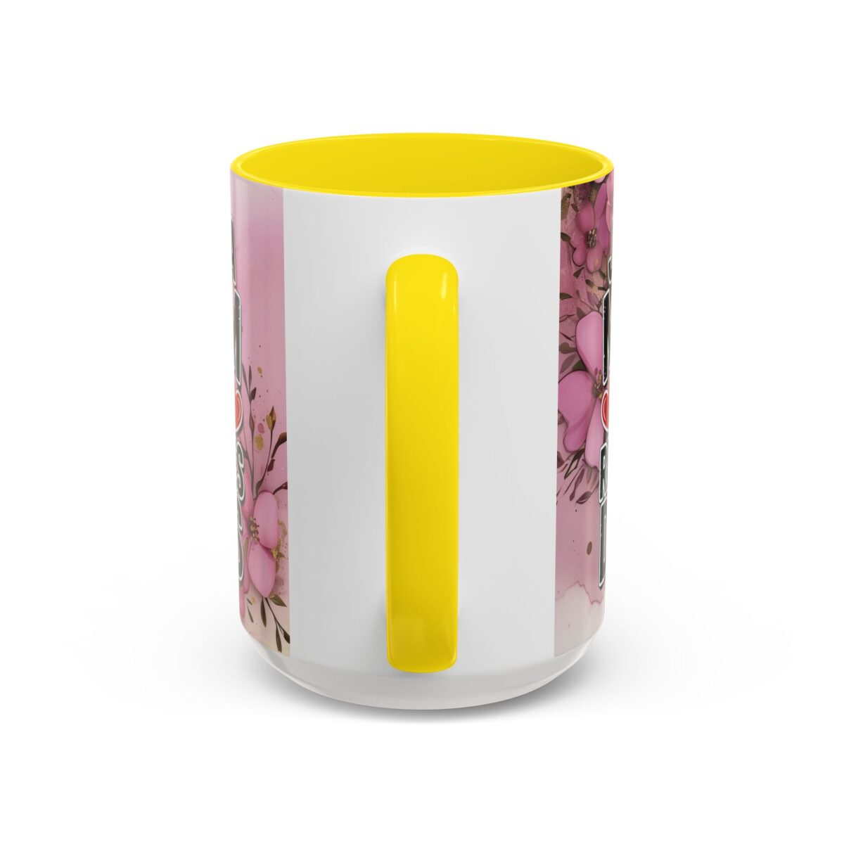 Floral Mother's Day mug with pink flowers and gold accents, featuring a yellow handle and interior.
