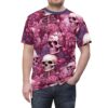 Pink floral skull all over print sublimation tee, featuring detailed skeleton and blossom graphics with a dark purple background.