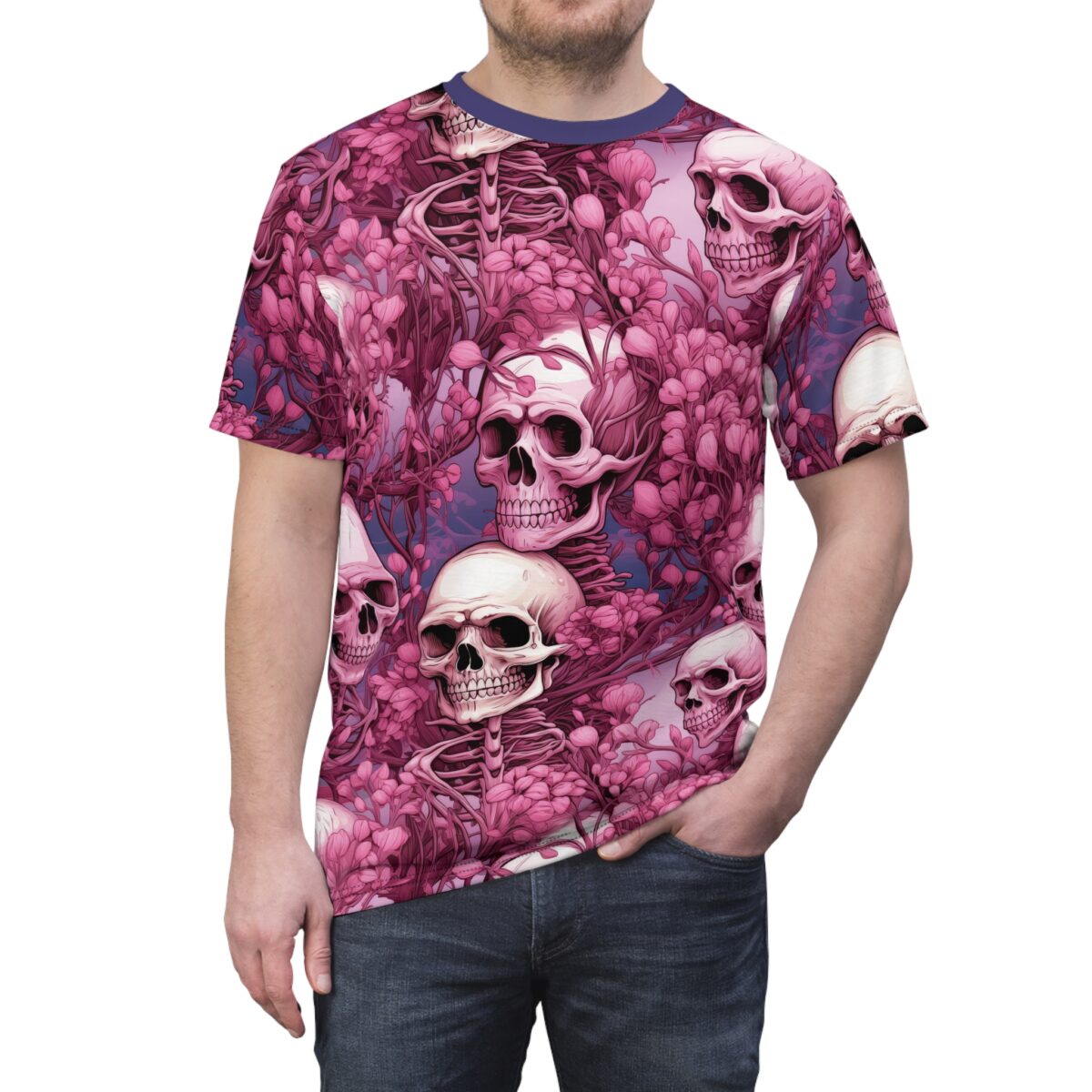 Pink floral skull all over print sublimation tee, featuring detailed skeleton and blossom graphics with a dark purple background.
