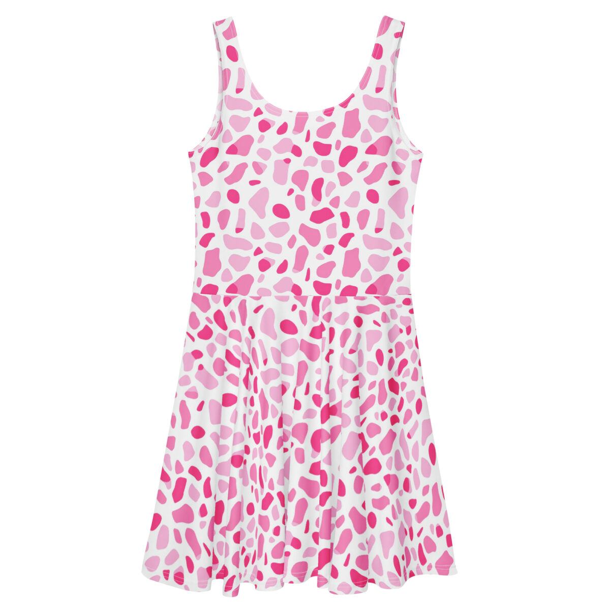 Pink and white giraffe print all over print skater dress featuring a seamless wrap around graphic.