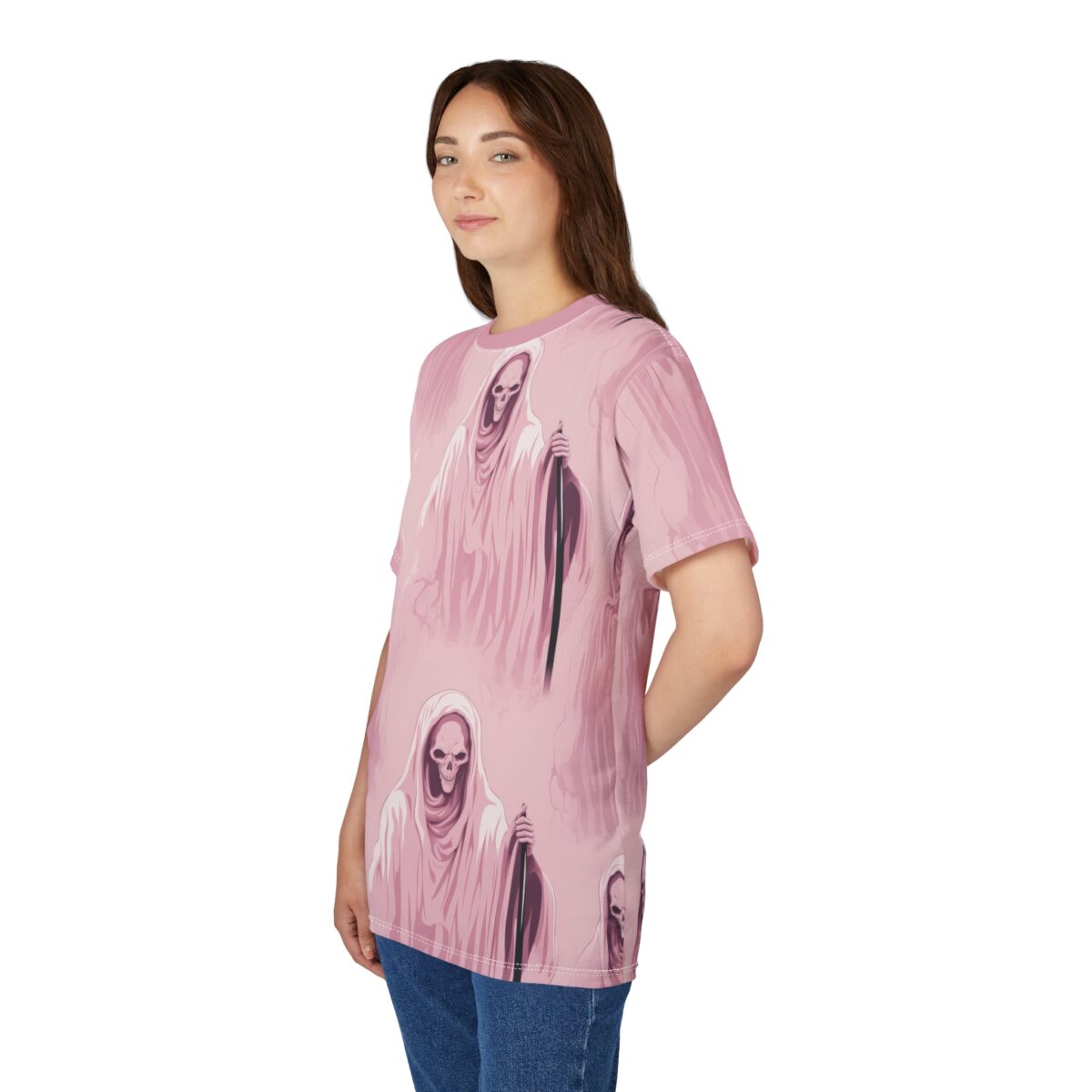 Pink and purple hues dominate this seamless pattern tee, depicting Grim Reaper figures with skulls and scythes against a misty background.