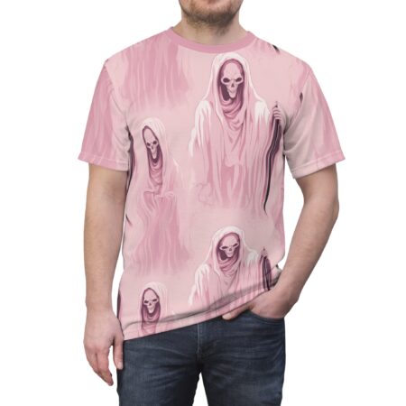 Pink and purple hues cover this graphic streetwear tee, featuring a repeating pattern of Grim Reaper figures with skulls and scythes.