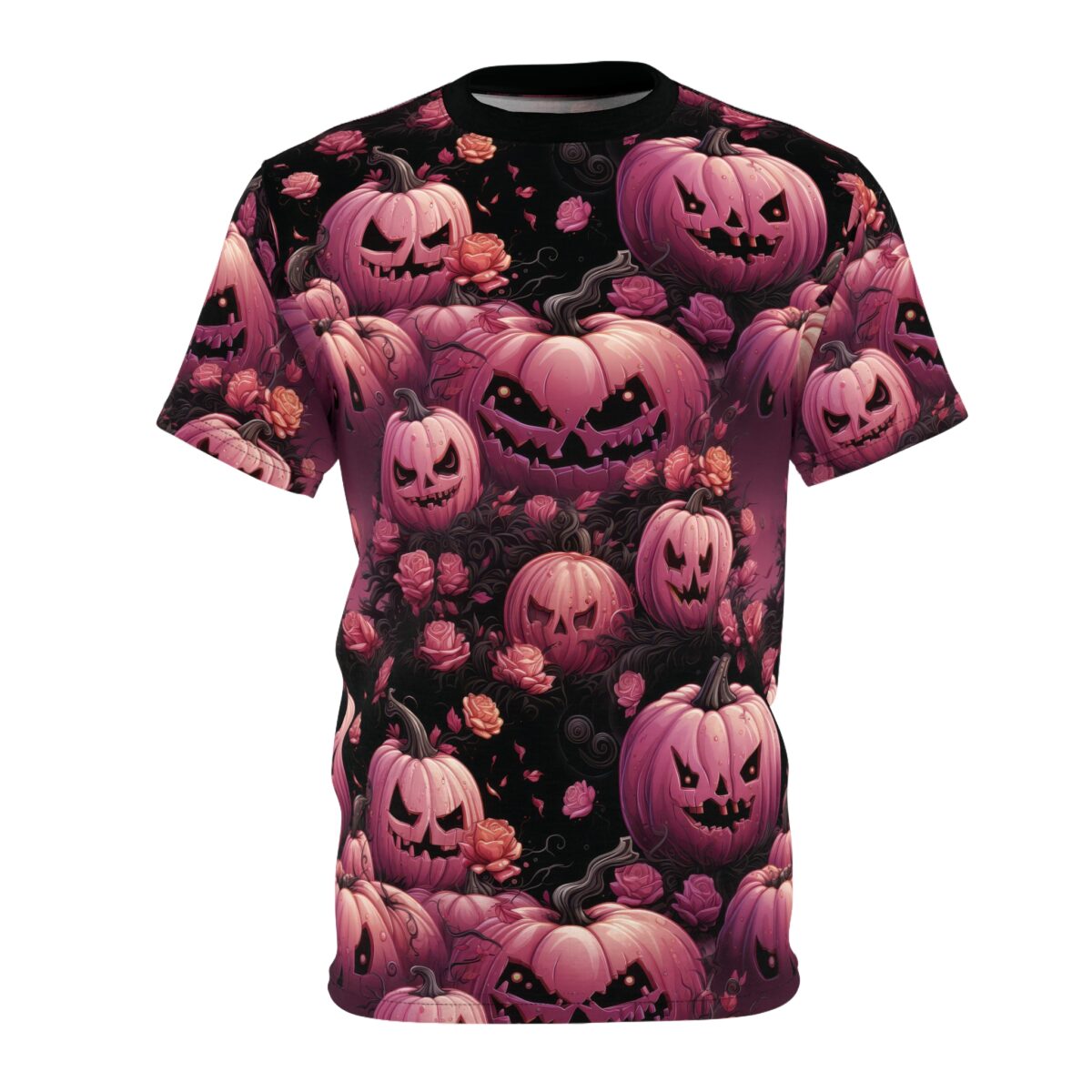 Pink jack-o'-lanterns and roses cover this seamless pattern tee, with dark vines and black background elements.
