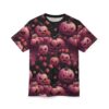 Pink pumpkins with carved faces and dark roses cover this all over print apparel, a spooky and floral Halloween design.