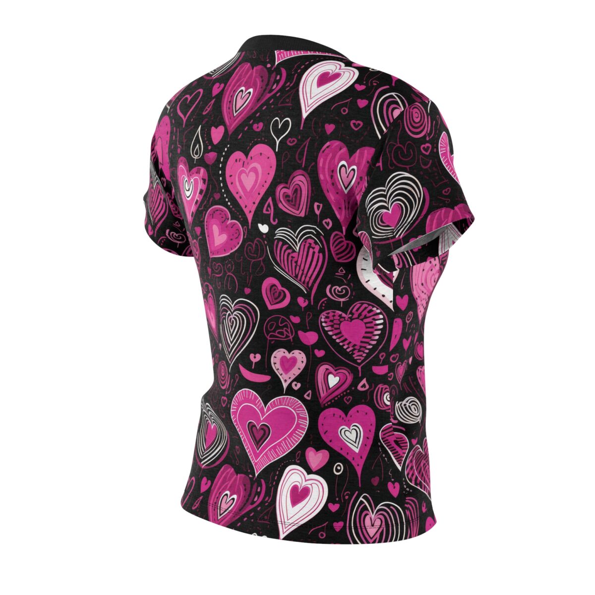 Pink and white hearts all over print sublimation tee, black seamless wrap around graphic featuring doodle style hearts and swirls.