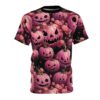 Pink and black floral patterns and jack-o'-lanterns cover this oversized full print tee, with a background of dark vines and scattered autumn leaves.
