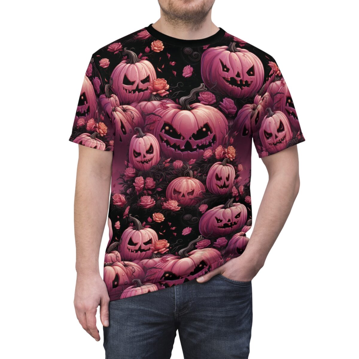 Pink pumpkins with carved faces and pink roses cover this graphic streetwear tee, with a dark, moody background.