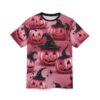 Pink pumpkins with black witch hats and star accents, along with falling leaves, cover this full print shirt.
