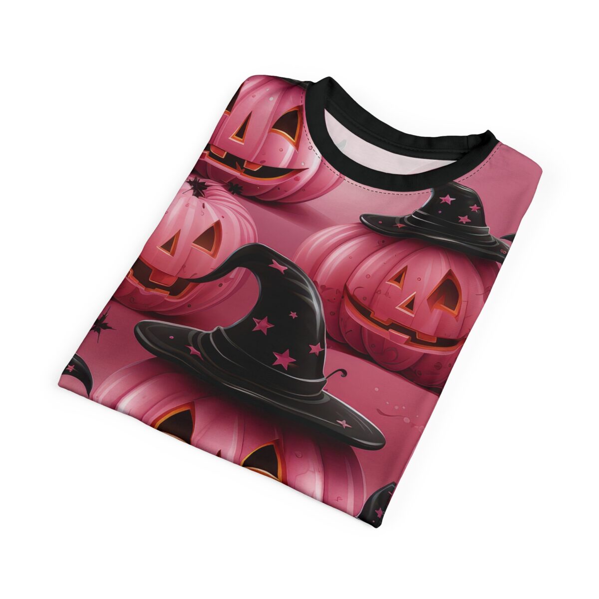 Pink pumpkins with carved faces and black witch hats decorated with pink stars cover this patterned tee shirt, with a spooky Halloween theme.