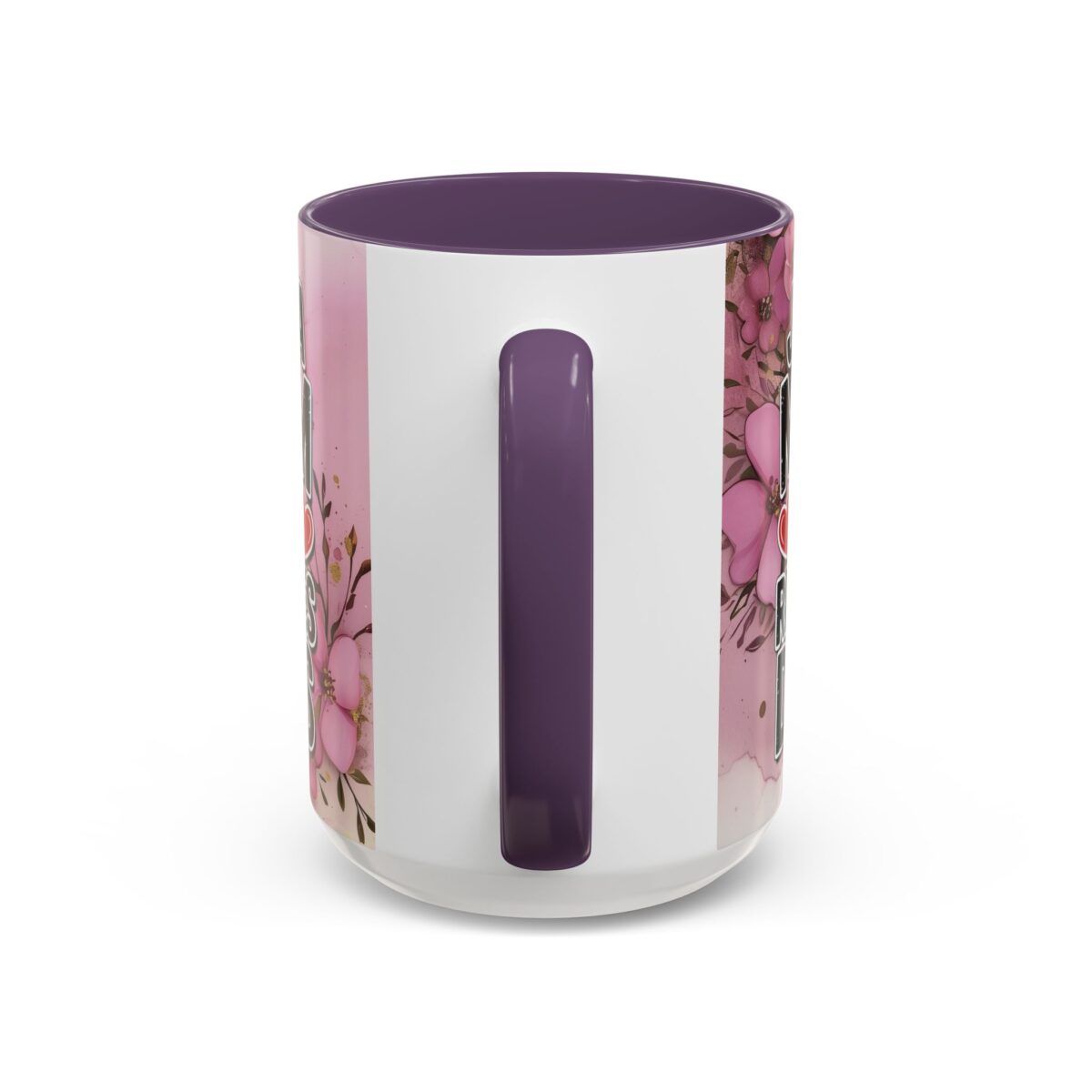 White ceramic coffee mug with purple interior and handle, featuring a pink watercolor floral design with gold accents.