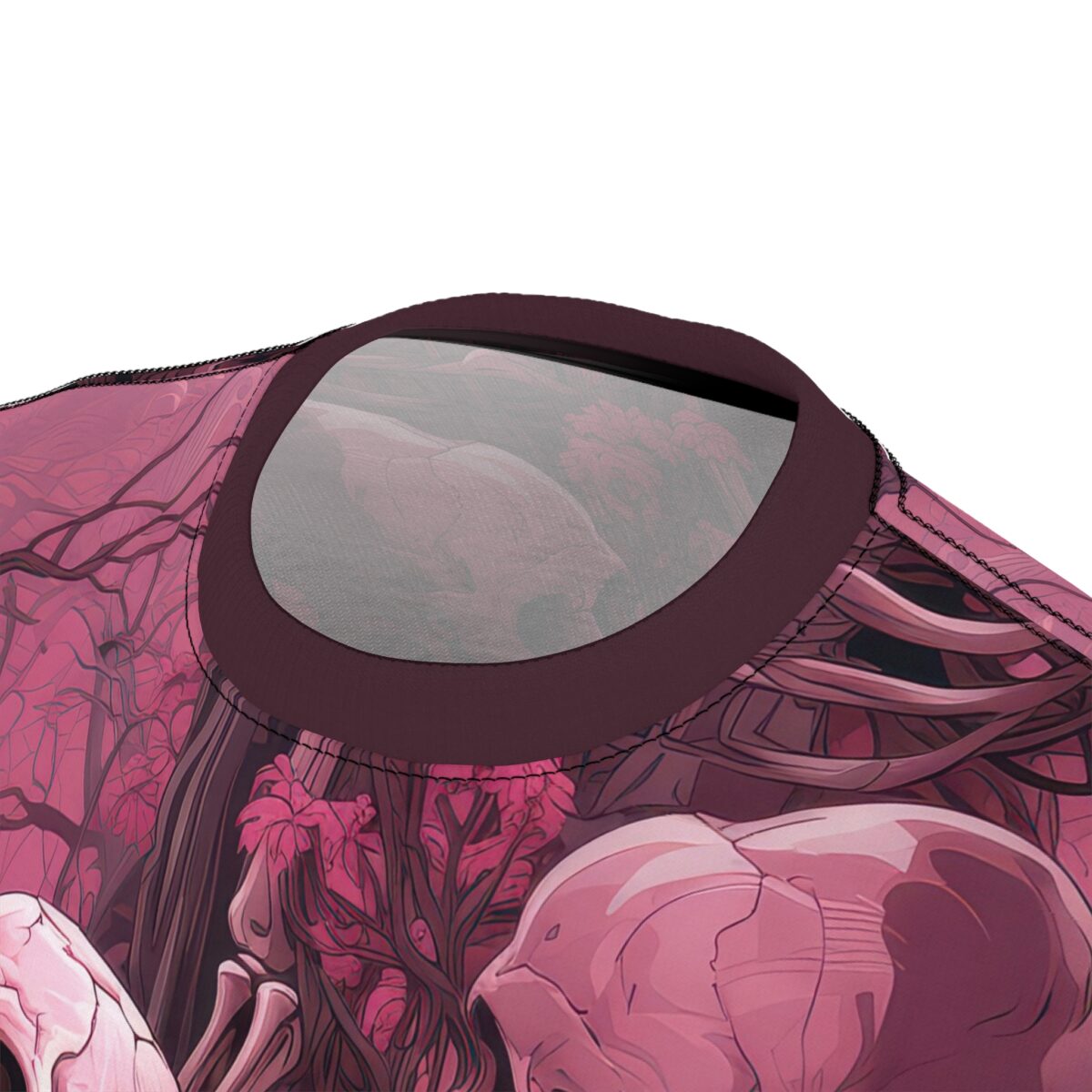 Pink floral and skull sublimation tee featuring a cyber grunge all over print design with anatomical elements and vines.