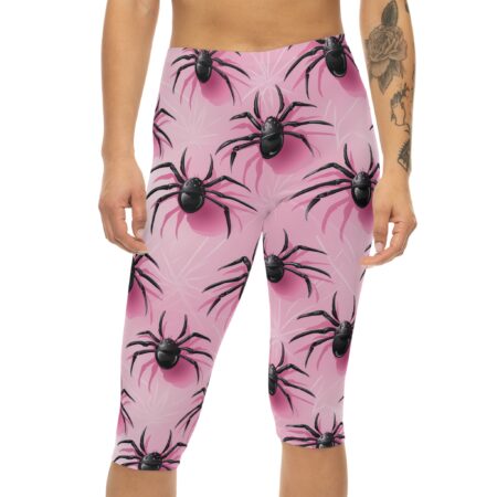 Pink capri leggings featuring a striking black spider pattern and subtle pink leaf accents, ideal for unique activewear.