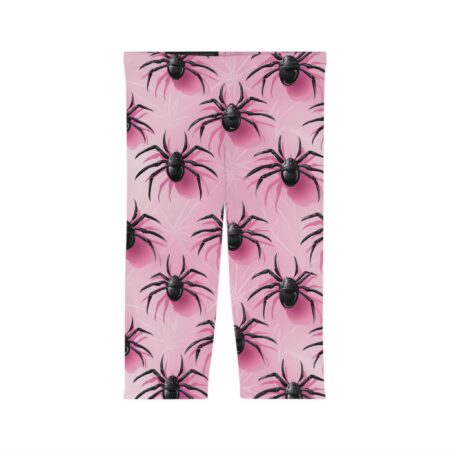 A pair of light pink leggings covered in a repeating pattern of black spiders, offering a playful yet spooky style.