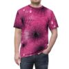 Glossy pink spiderwebs with black centers and dew drops cover this oversized full print tee, creating a cool and creepy vibe.