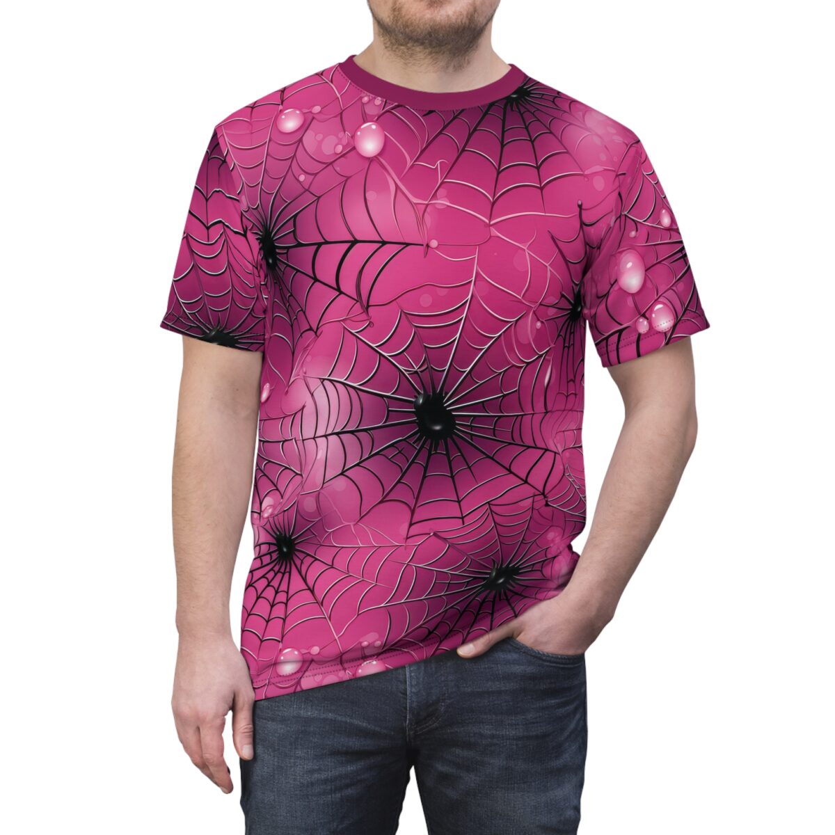Glossy pink spiderwebs with black centers and dew drops cover this oversized full print tee, creating a cool and creepy vibe.