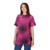 Pink and black spiderwebs with dew drops cover this all over print apparel, featuring a dark center on each web.
