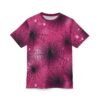 Dark pink spiderwebs with dewdrop accents cover this 3D graphic t-shirt, featuring black spider centers and shimmering highlights.