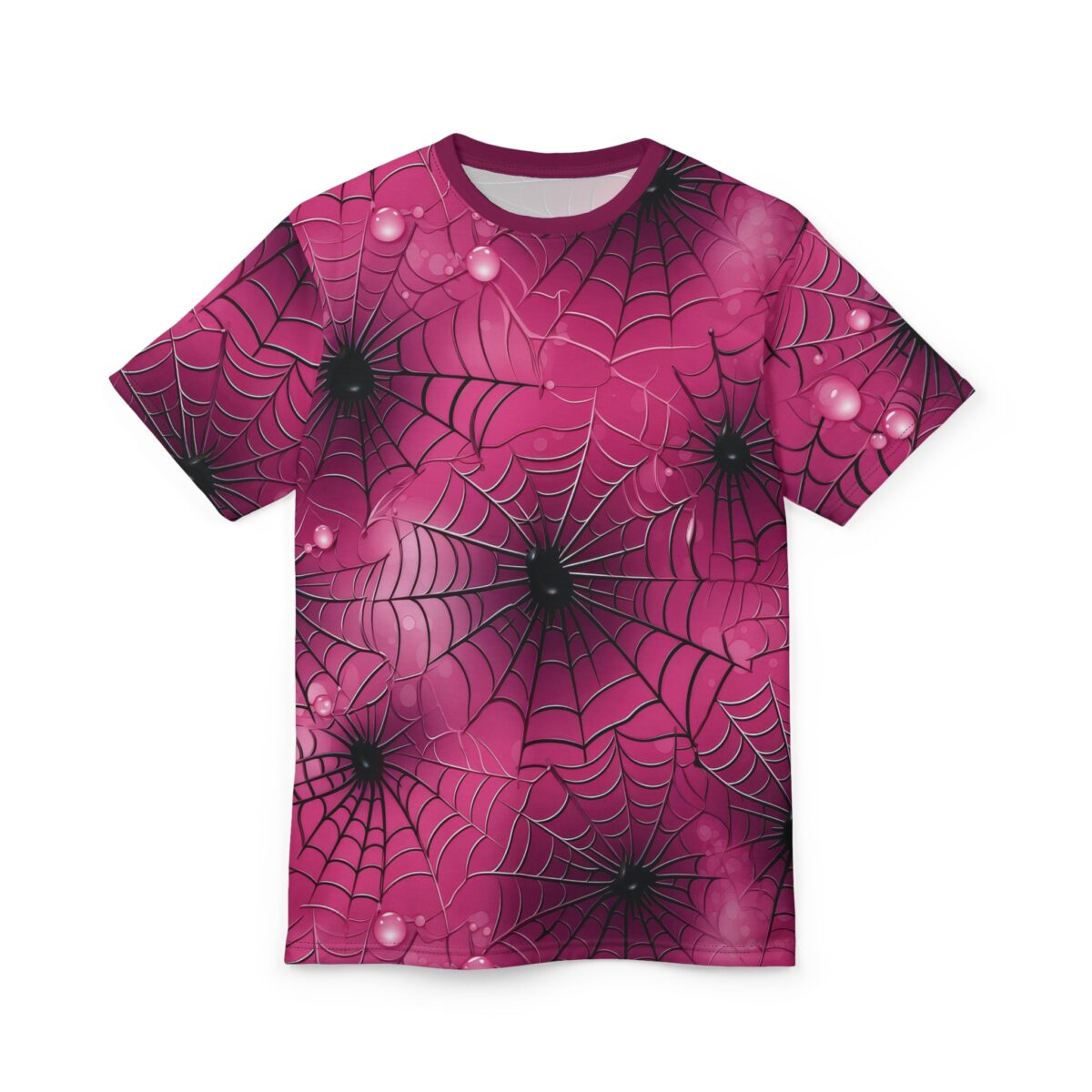 Dark pink spiderwebs with dewdrop accents cover this 3D graphic t-shirt, featuring black spider centers and shimmering highlights.