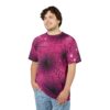 Dark web patterns and glistening dew drops cover this full print shirt, against a vibrant magenta background.