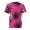 Pink spiderwebs with black outlines and dew drops cover this full print shirt, featuring black spiders at the center of each web.