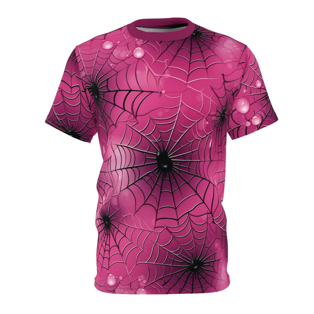 Pink spiderwebs with black outlines and dew drops cover this full print shirt, featuring black spiders at the center of each web.