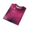 Deep pink spiderwebs with glossy dew drops and black spiders cover this sublimation graphic tee.