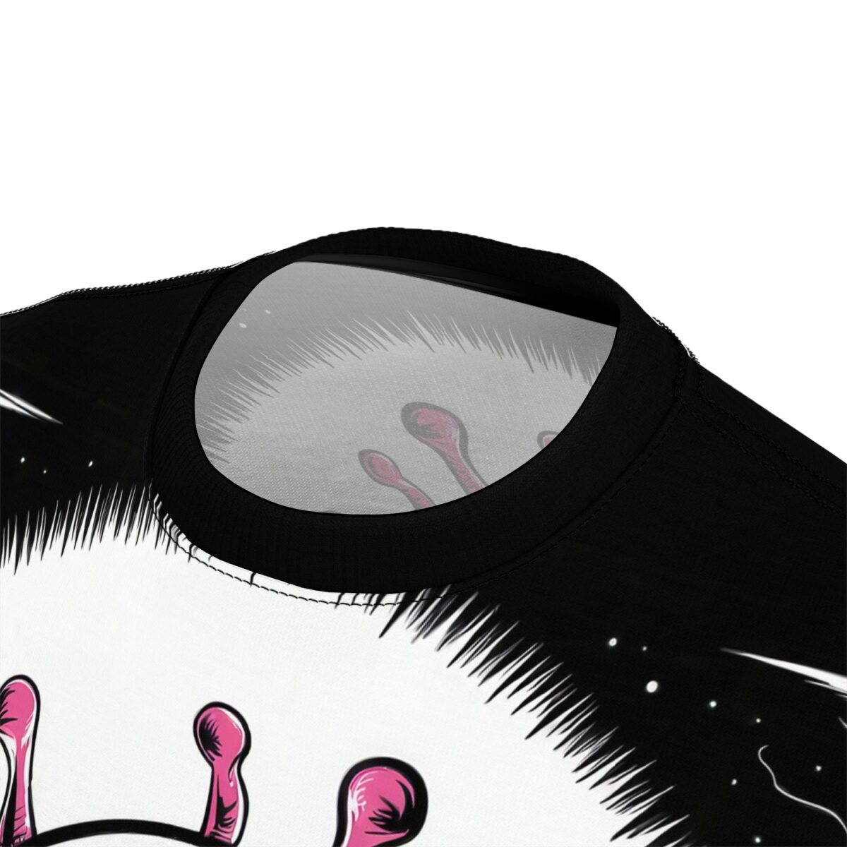 Pink tentacles and a fuzzy black border with white dots cover this seamless pattern tee, depicting a cartoonish alien face.