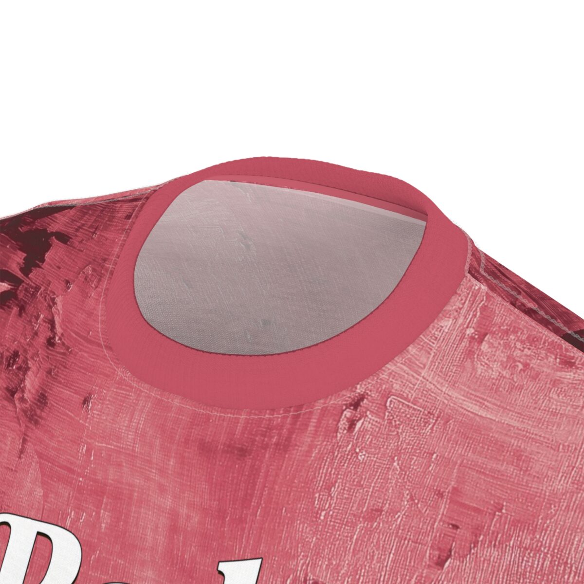 Pink textured acrylic brushstrokes cover this all over print apparel, showcasing a detailed canvas-like background design.