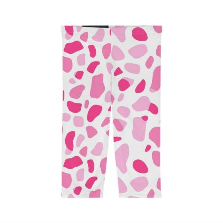 White all over print leggings feature hot pink, light pink irregular organic shapes. This seamless sublimation print activewear is visually striking.