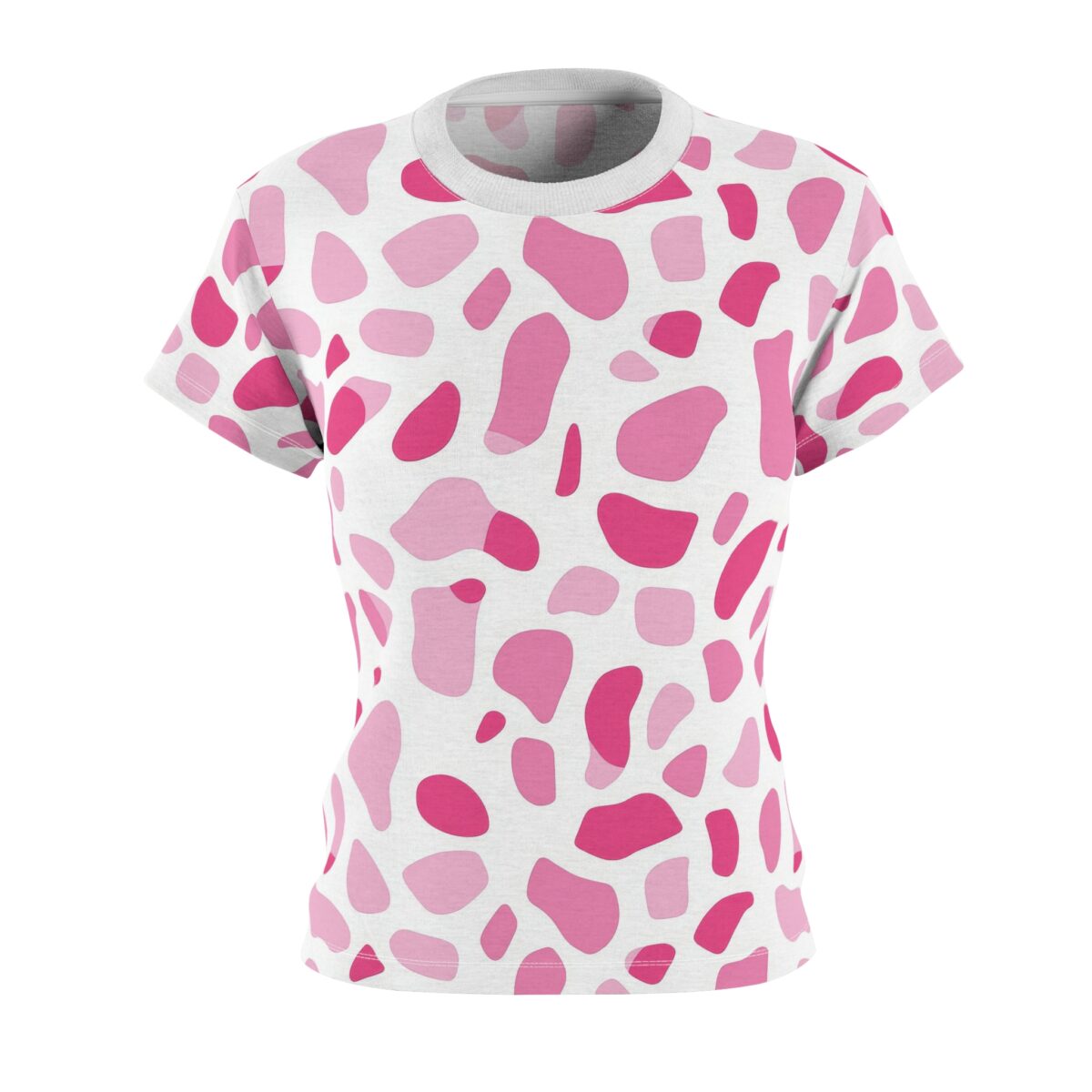 All over print crewneck t-shirt, seamless sublimation graphic, pink and fuchsia abstract blob pattern, white background, short sleeves.