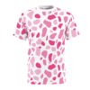 Hot pink and light pink abstract shapes cover this patterned tee shirt, creating a playful, organic design on a white background.