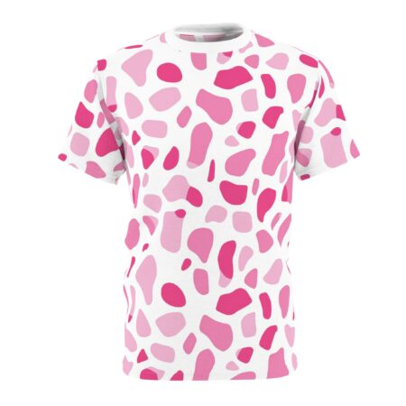 Hot pink and light pink abstract shapes cover this patterned tee shirt, creating a playful, organic design on a white background.