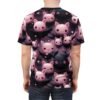Pink and black bat shapes, hearts, and cute bat faces cover this graphic streetwear tee, with a dark, moody background.