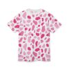 Hot pink and light pink abstract shapes cover this patterned tee shirt.