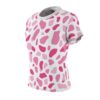 Seamless all over print t-shirt displays an abstract pink blob pattern, two-tone fuchsia shapes, a ribbed crewneck, short sleeves, fitted silhouette.