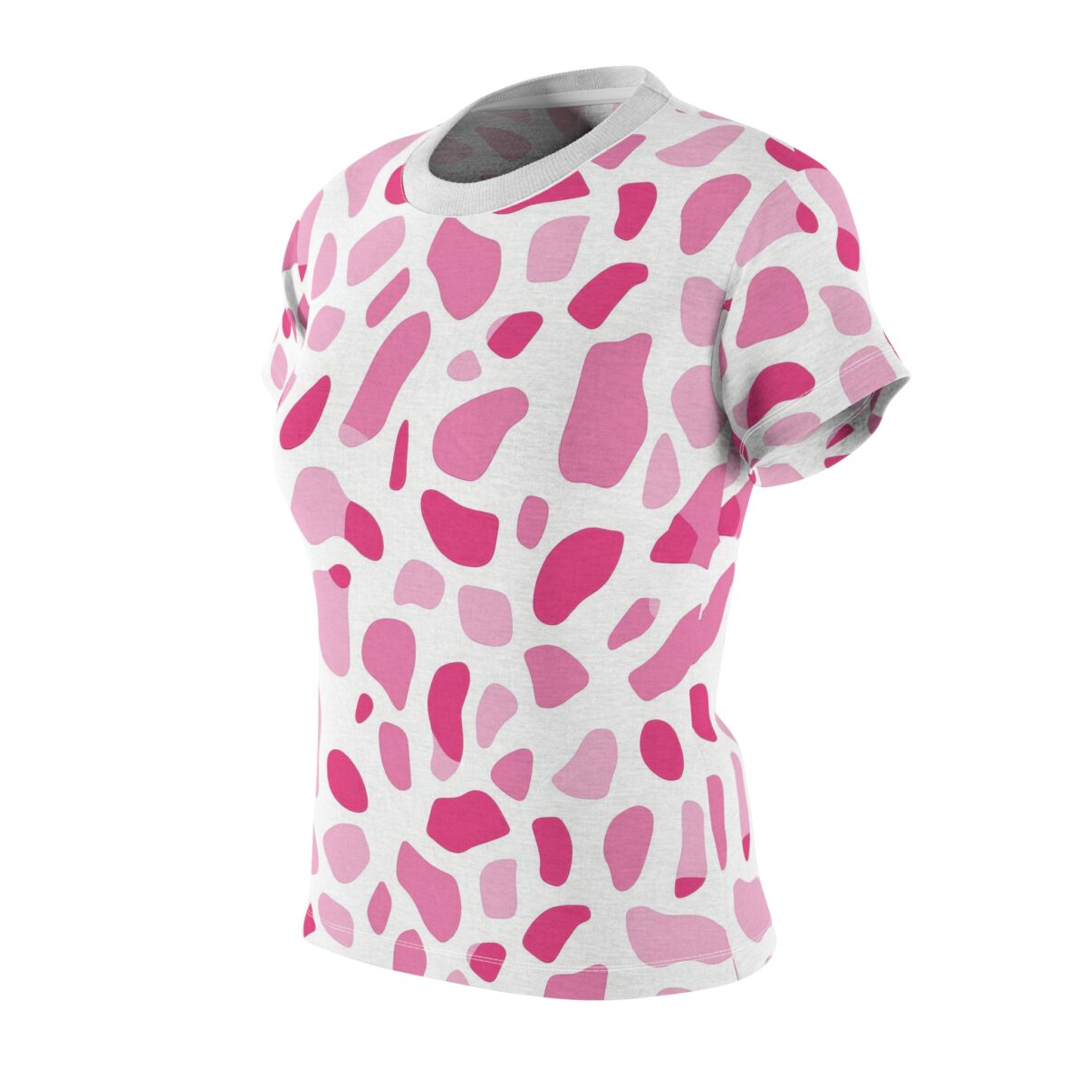 Seamless all over print t-shirt displays an abstract pink blob pattern, two-tone fuchsia shapes, a ribbed crewneck, short sleeves, fitted silhouette.